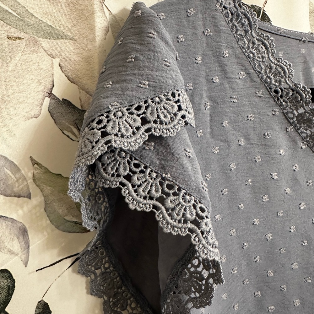 Blue Swiss Dot Textured Blouse with Cross Over Sleeve Detail